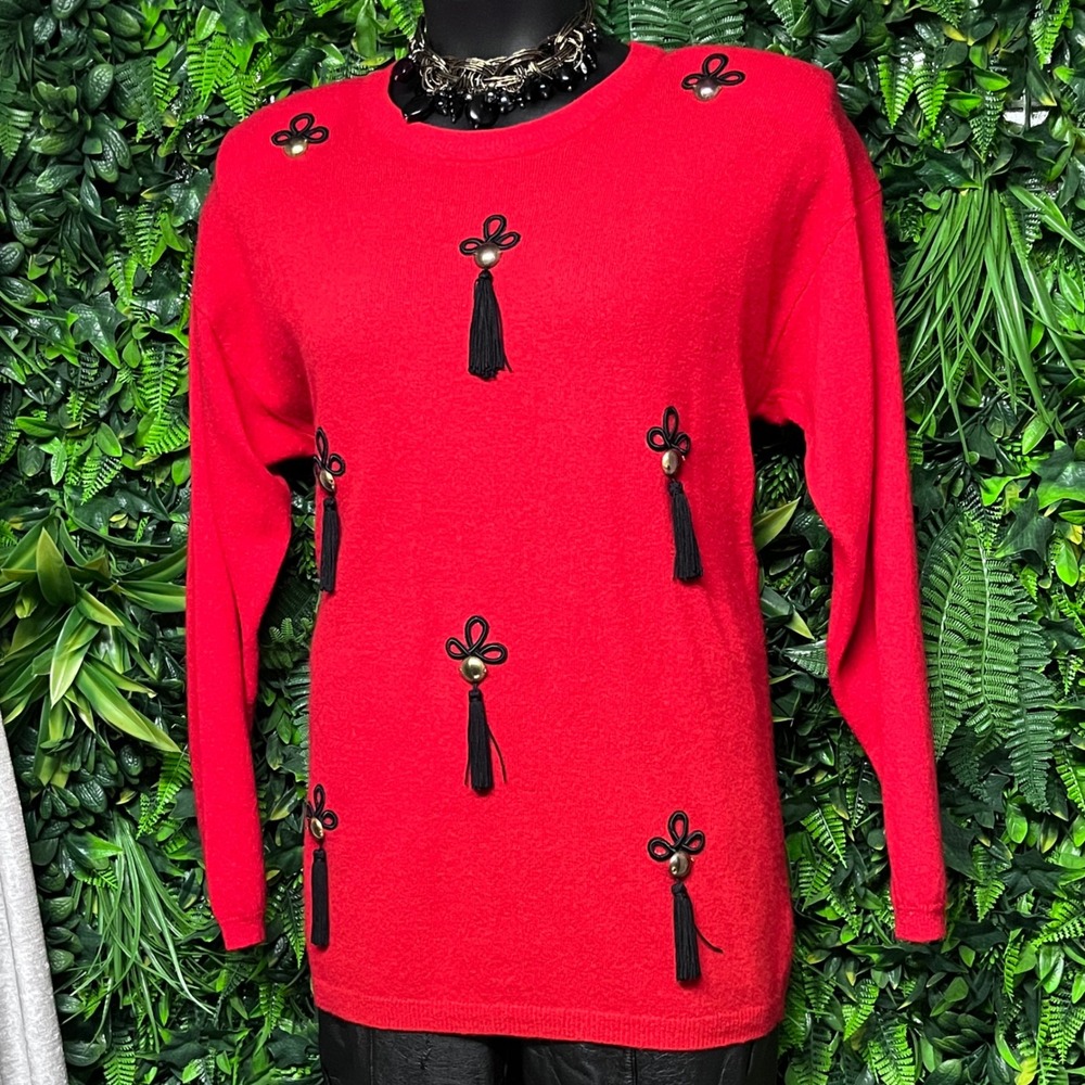 Vintage Spree Sweater Large Red Wool Blend Tassels Accent‎ Long Sleeve 3469